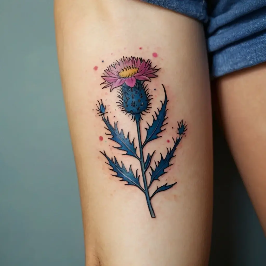 Tattoo of a vibrant blue thistle flower with pink petals and spiky leaves, symbolizing resilience and strength.