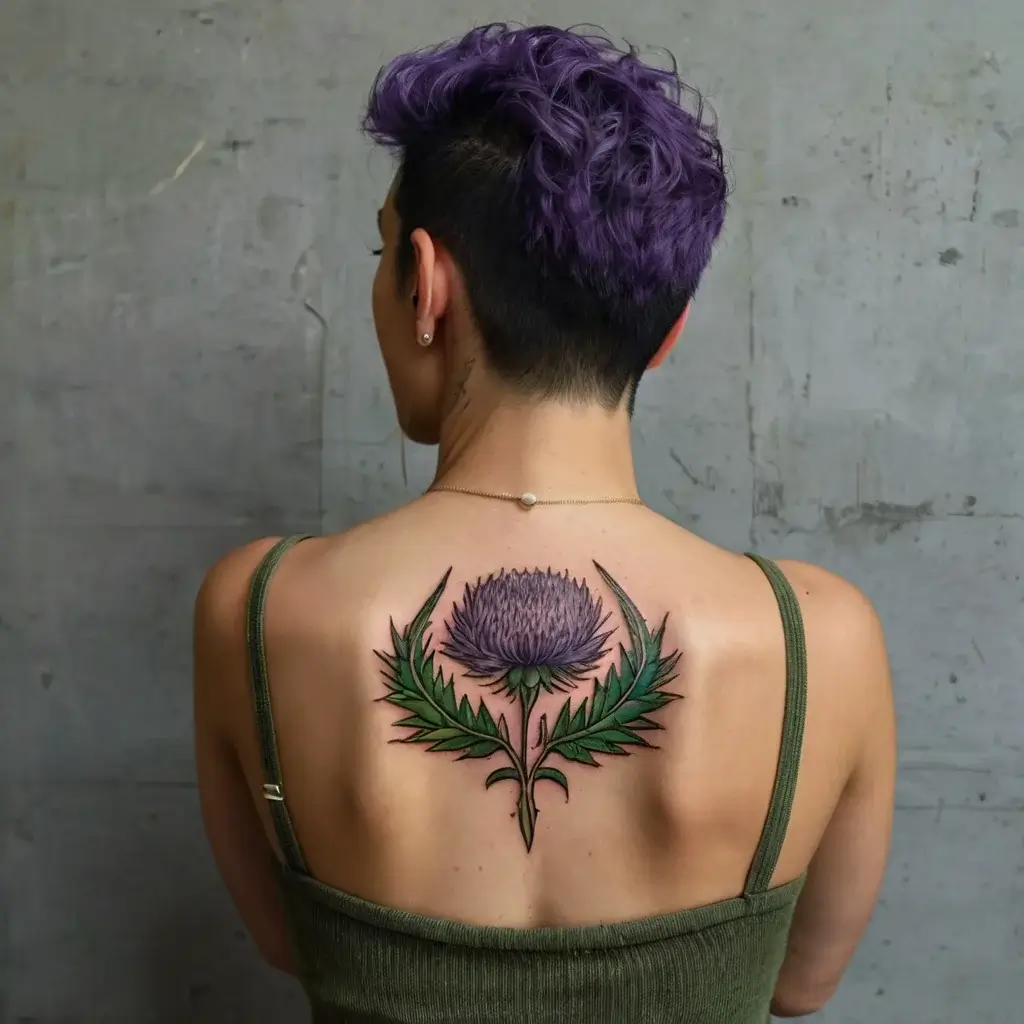 A detailed tattoo of a purple thistle with green leaves, centered on the upper back, symbolizing strength and resilience.