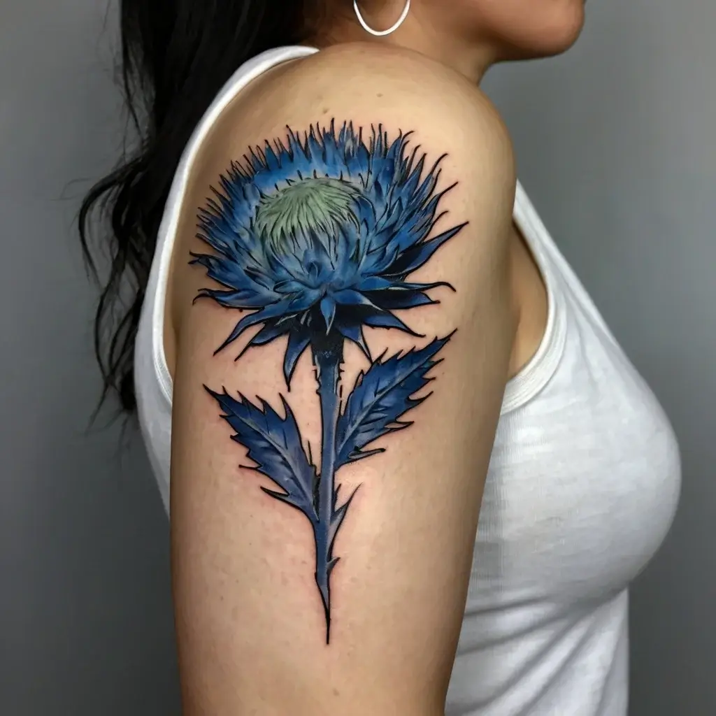 A vibrant blue thistle tattoo on the upper arm, detailed with sharp leaves and intricate shading, symbolizing resilience.