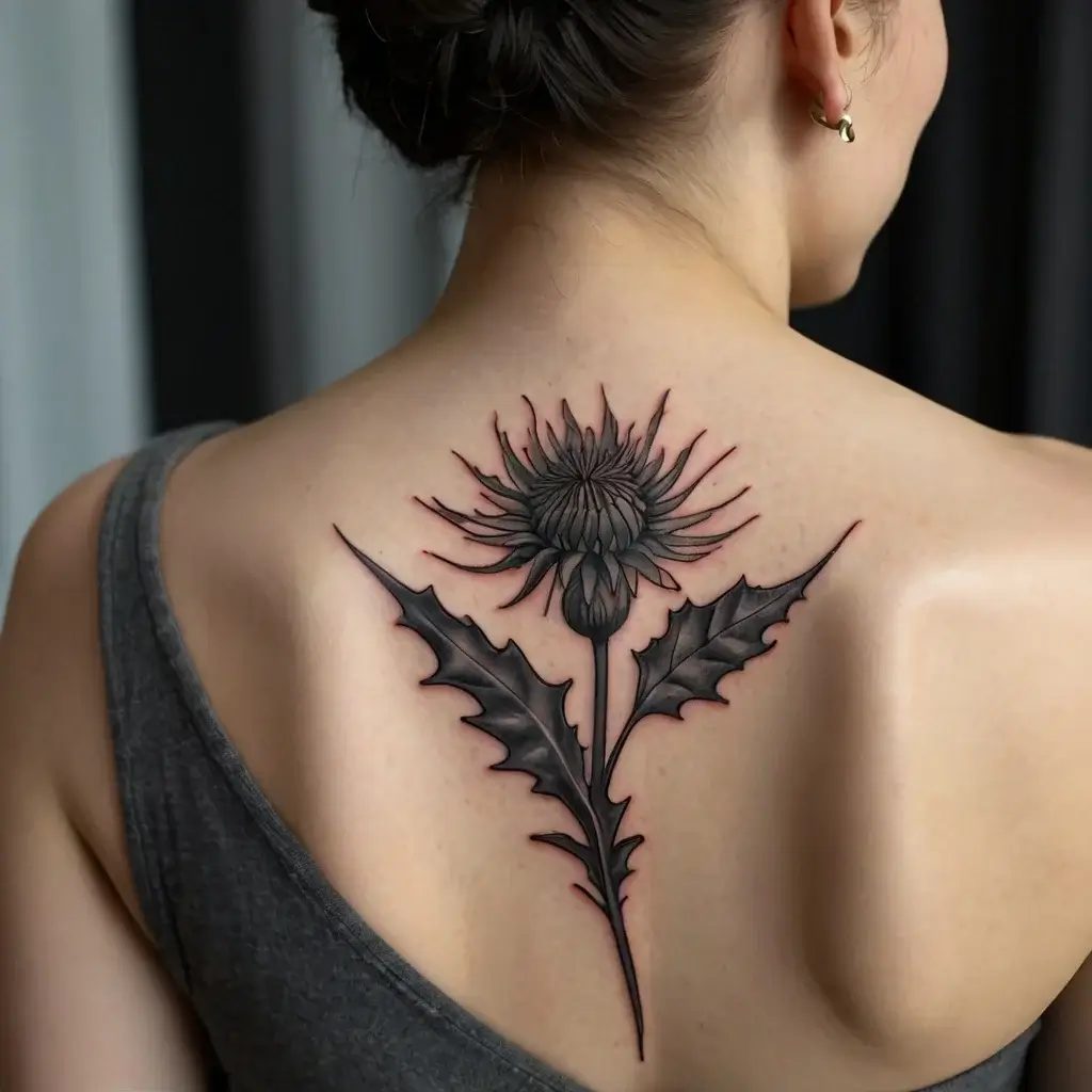 Stylized thistle tattoo on the upper back, featuring bold, sharp leaves and a large, intricately detailed blossom.