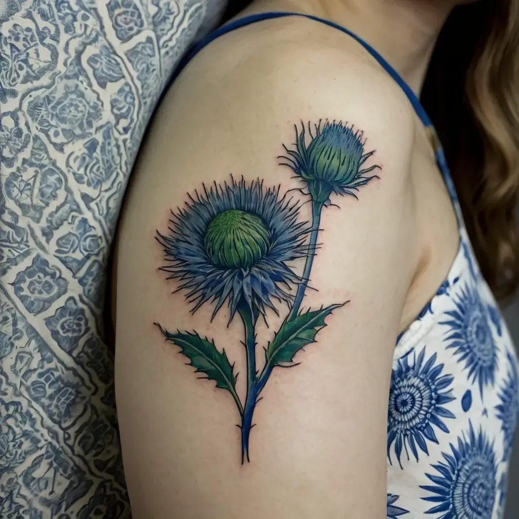 Tattoo of a detailed, blue thistle flower on the upper arm, symbolizing resilience and protection.