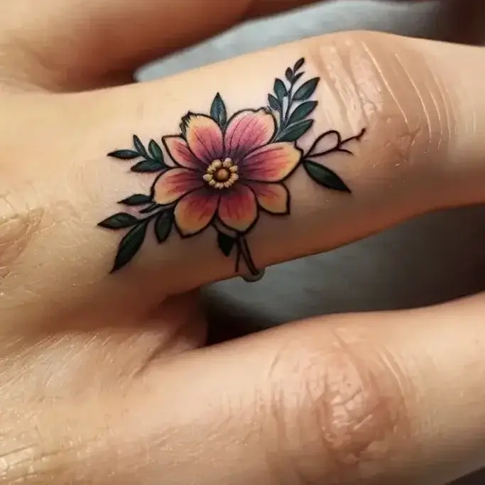 Delicate floral tattoo on a finger with a pink and yellow flower, green leaves, and fine black outlining.