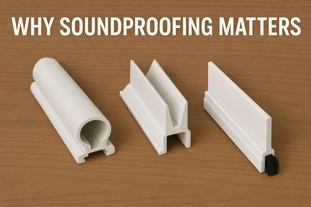 The image shows soundproofing materials on wood with text WHY SOUNDPROOFING MATTERS above them.