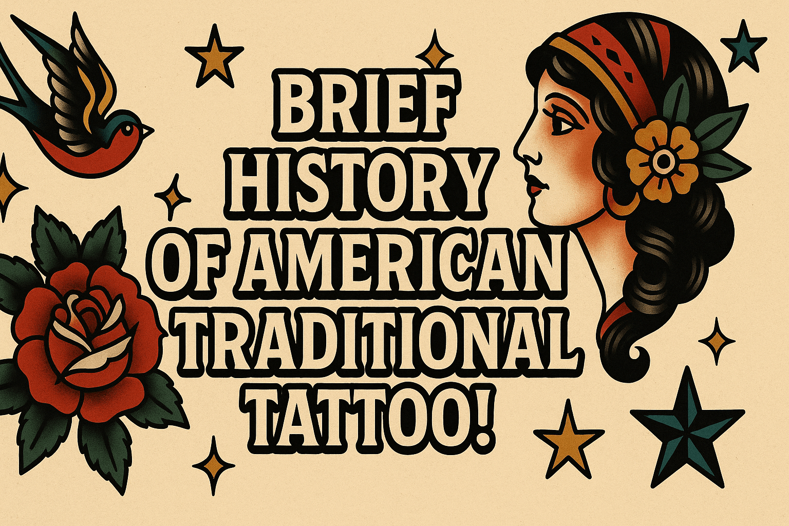 American traditional tattoo featuring a woman's profile, a swallow, red rose, and nautical stars on beige background.