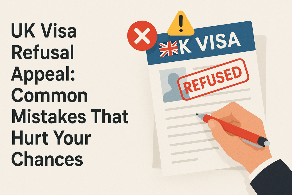 This image illustrates a UK visa document with a Refused stamp, emphasizing the impact of common mistakes.