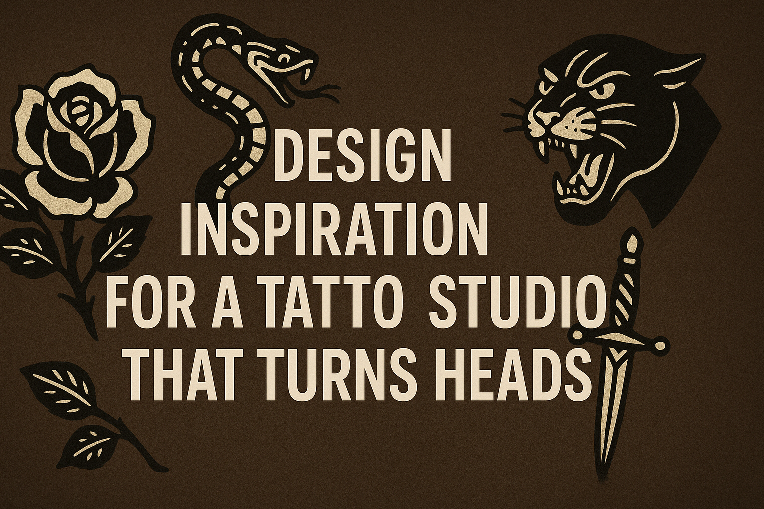Tattoo-inspired graphic with a rose, snake, panther head, and dagger surrounding bold text on a brown background.