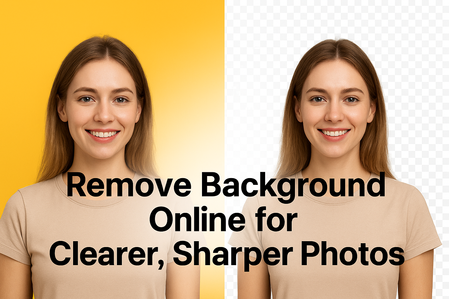 This image shows a photo editing promotion with a split-screen of a woman, demonstrating background removal. No tattoos visible.