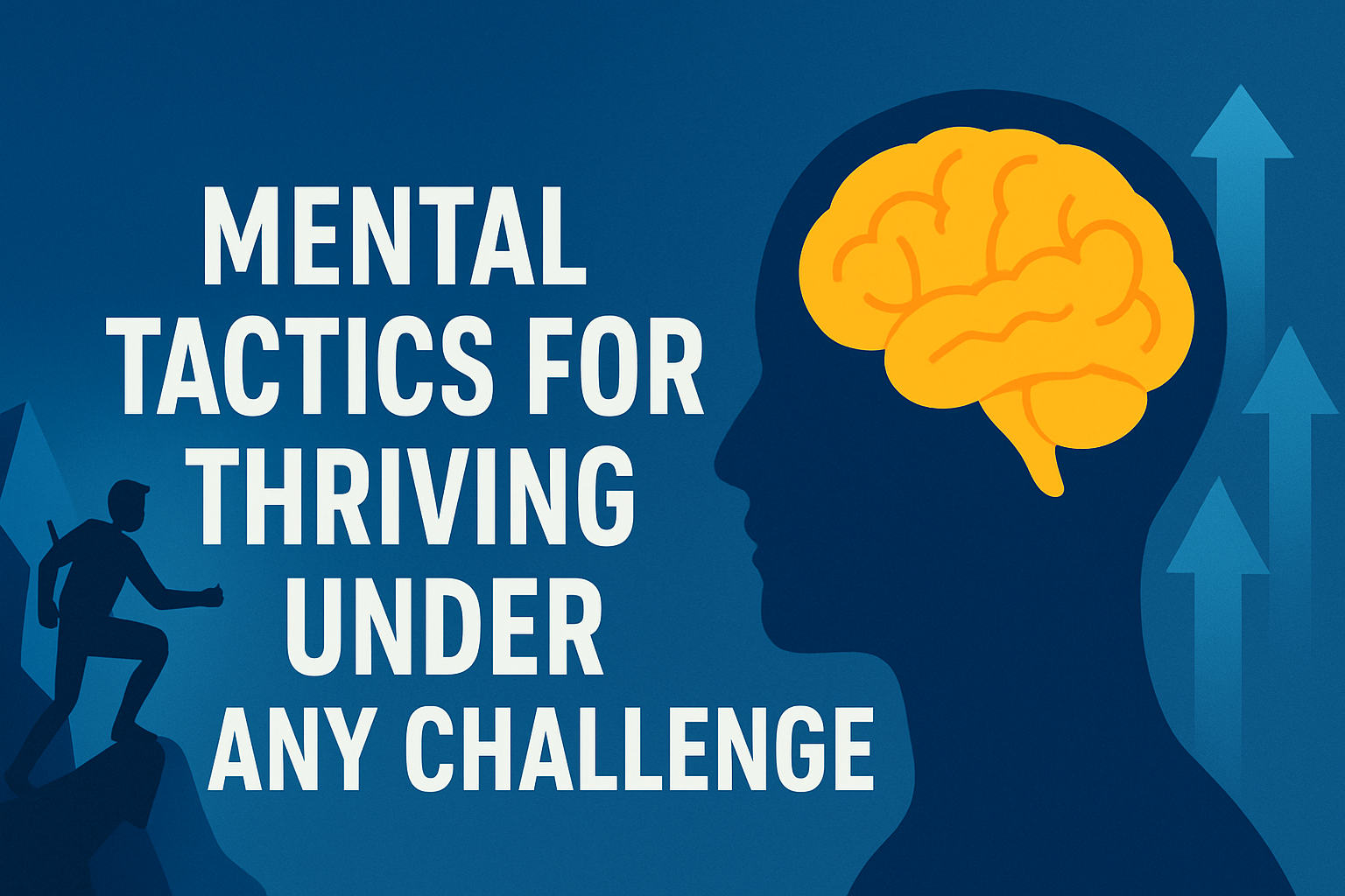 Silhouette head with vibrant yellow brain, symbolizing mental strength. Climbers and arrows depict personal growth journey.