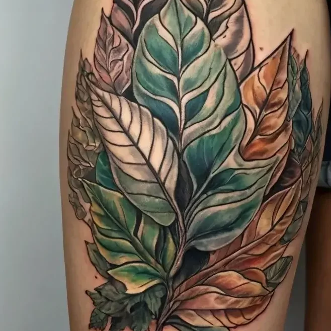Tattoo of layered autumn leaves in shades of green, brown, and orange, blending realism and watercolor styles.