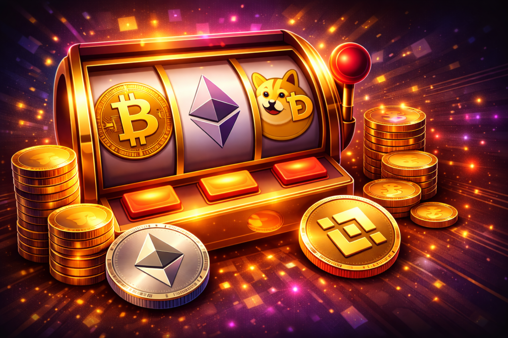 Tattoo design featuring a slot machine with Bitcoin, Ethereum, and Dogecoin symbols, surrounded by digital coins.