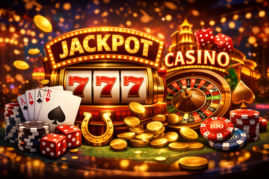 Las Vegas-themed tattoo: slot machine with 777s, chips, cards, roulette wheel, dice, horseshoe, and casino skyline.