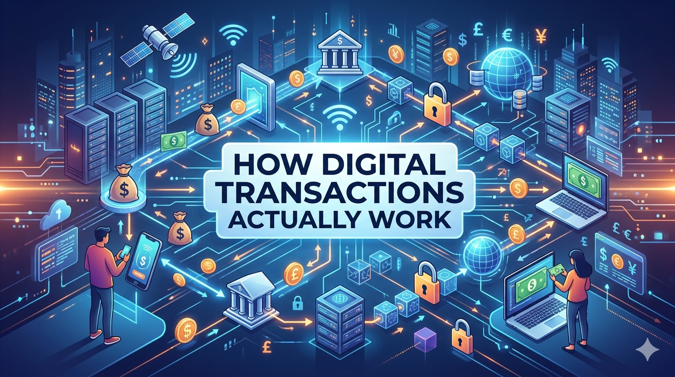 Futuristic digital transactions theme with currency symbols, circuits, and tech motifs, illustrating connectivity and finance.